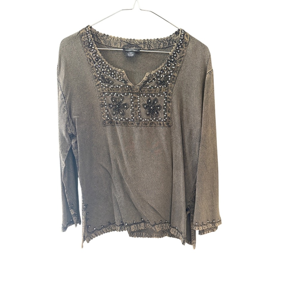SOHO Clothing Company Womens Acid Wash Boho Beaded Embroidered Tunic Top Grey OS